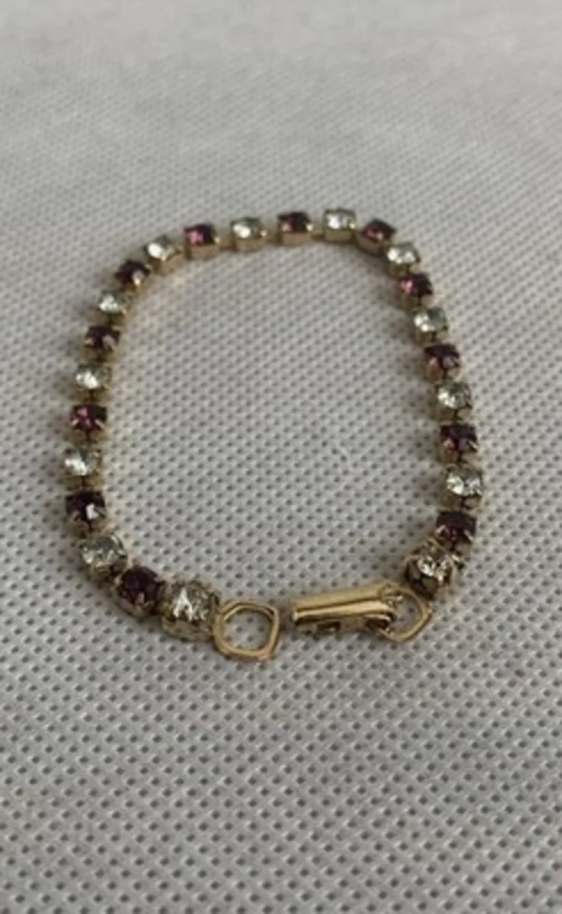 Vintage Gold Plated Tennis Bracelet Purple Clear Crystal Rhinestones 7 In VG